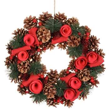14 Inch Decorated Pine Cone Red Berry Winter Rose Artificial Christmas Wreath (BJ91) (H36 x W36 x D9cm)