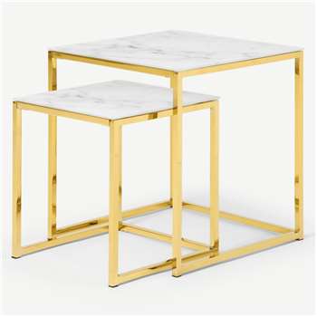 Alisma Nesting Tables, Marble Effect Glass & Brass (H50 x W45 x D45cm)