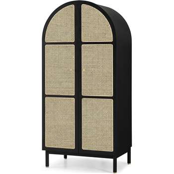 Ankhara Double Wardrobe, Rattan & Black Stain Oak (H188 x W88 x D58cm)