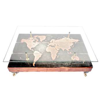 Cappa E Spada - Antique Styled Distressed World Map Coffee Table With Glass Top (H38.1 x W114.3 x D71.1cm)
