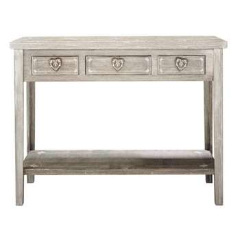 CAMILLE Greyed paulownia wood linen table (81 x 105cm)