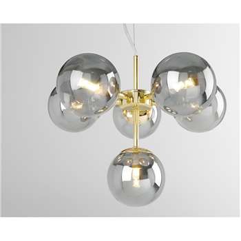 Globe Pendant Chandelier Small, Brass and Smoked Glass (Height 117cm)