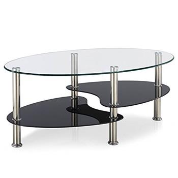 Home Discount Cara Glass Coffee Table, Clear & Black Oval Stainless Steel Legs Modern