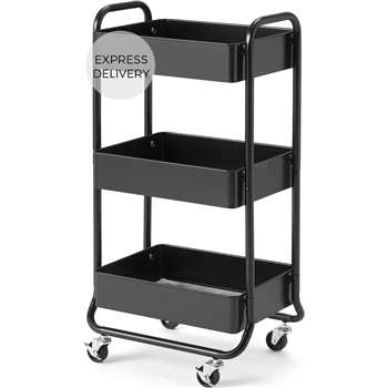 Kennedi Perforated Metal 3 Tier Storage Trolley, Black (H79 x W43 x D34cm)