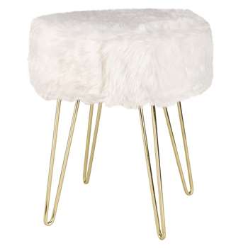 LULEA Vintage-Style White Faux Fur Stool (H42 x W35 x D35cm)