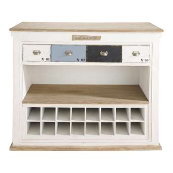MOLENE Distressed wood bar unit with drawers in white (105 x 129cm)