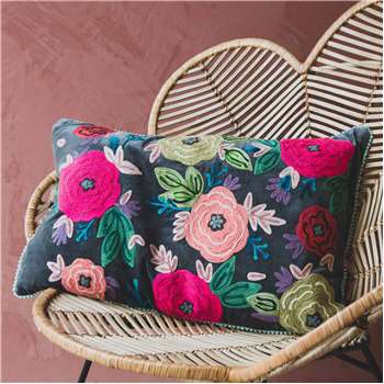 Rectangular Floral Embroidered Velvet Cushion (H40 x W60cm)