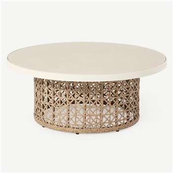 Rhonda Garden Round Coffee Table, Natural Stone & Polyweave (H37 x W90 x D90cm)