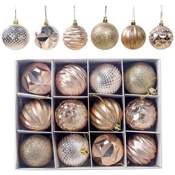 Shatterproof Christmas Tree Baubles, 12pcs, Champagne Gold (H6 x W6cm)