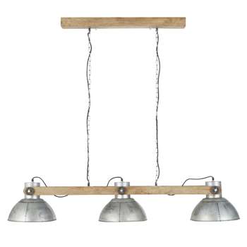 STUCLEY 3-shade industrial pendant light in grey metal and mango wood (H124 x W140 x D30.5cm)