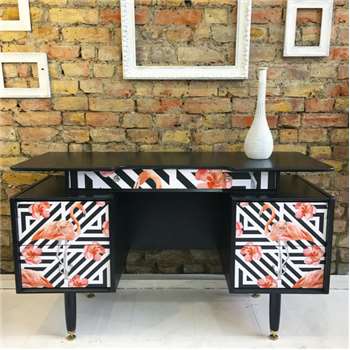 Muck N Brass - Upcycled Vintage Retro Gplan Gold Label Dressing Table Desk Geometric Flamingos (H75 x W125 x D47cm)