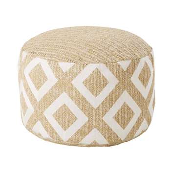 VEDA Woven Beige Outdoor Pouffe with White Graphic Print (H30 x W50 x D50cm)
